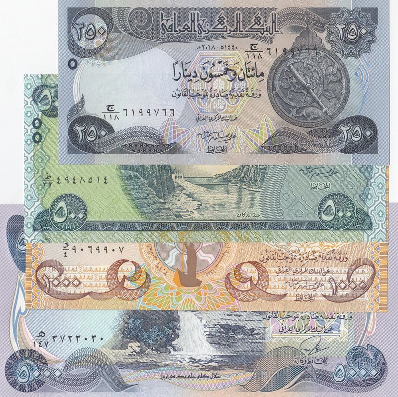 Iraq, 250 Dinars, 500 Dinars, 1.000 Dinars and 5.000 Dinars, 2010/2015, UNC, (To...