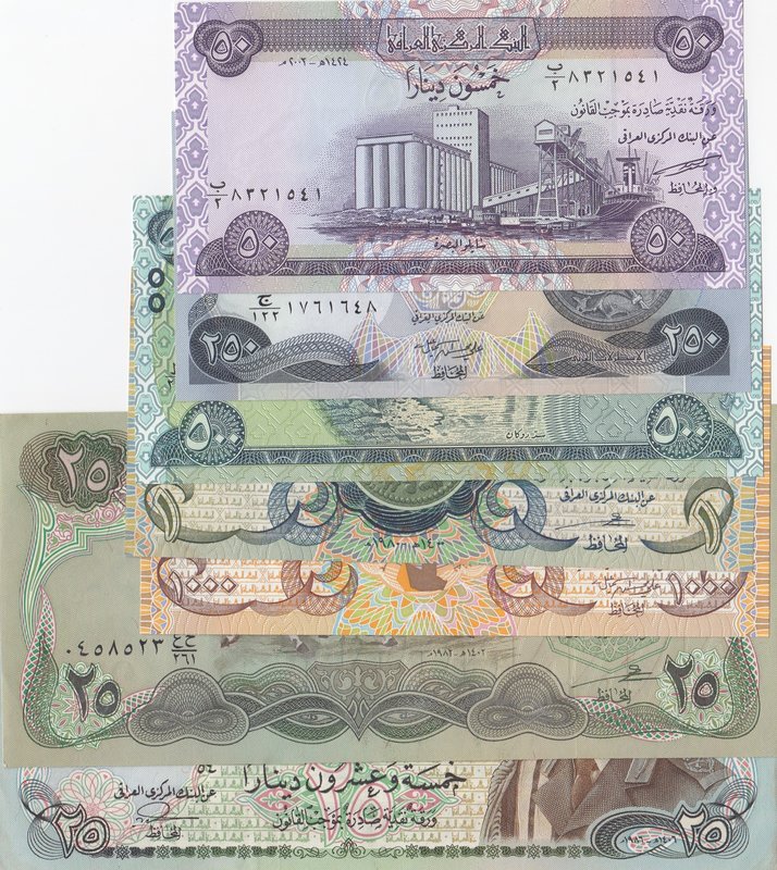 Iraq, 1 Dinar, 25 Dinar (2), 50 Dinar, 250 Dinar, 500 Dinar and 1.000 Dinar, XF/...