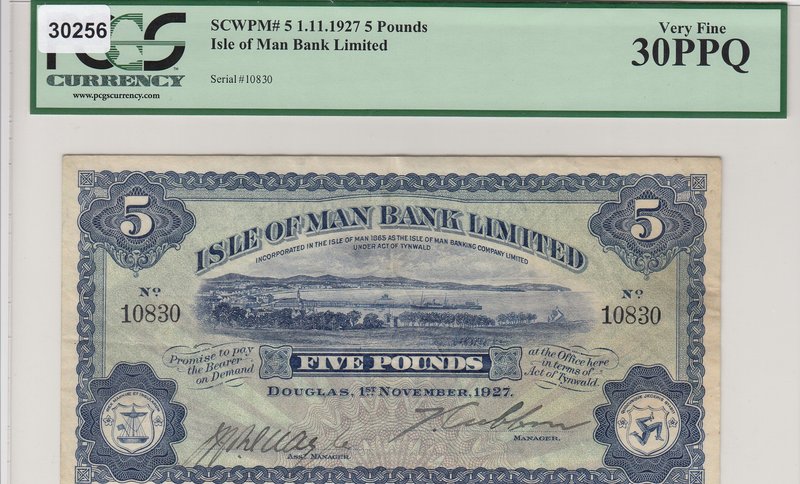 Isle of Man, 5 Pounds, 1927, VF, p5
PCGS 30 PPQ, serial number: 10830
Estimate...