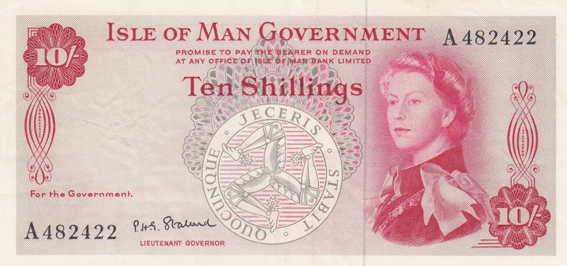 Isle of Man, 10 Shillings, 1961, XF, p24b
Queen Elizabeth II portrait, sign: St...