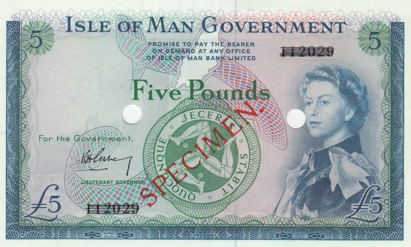 Isle of Man, 5 Pounds, 1961, UNC, p26s, SPECIMEN
Queen Elizabeth II portrait, s...