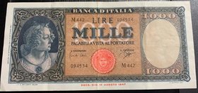 Italy, 1000 Lire, 1961, VF (+), p88d
serial number: M442 094534, Portrait of Italia , Signature; Carli and Ripa
Estimate: 20.-40