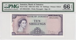 Jamaica, 10 Shillings, 1964, UNC, p51Be
PMG 66 EPQ, Queen Elizabeth II portrait, serial number: HH 121891
Estimate: 300-600