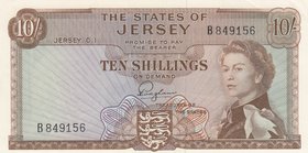 Jersey, 10 Shillings, 1963, UNC, p7
Queen Elizabeth II portrait, serial number: B 849156, There are counting fractures in the upper left corner
Esti...