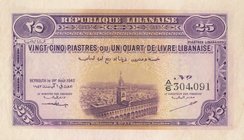 Lebanon, 25 Piastres, 1942, XF, p36
serial number: A/6 304091
Estimate: 150-300