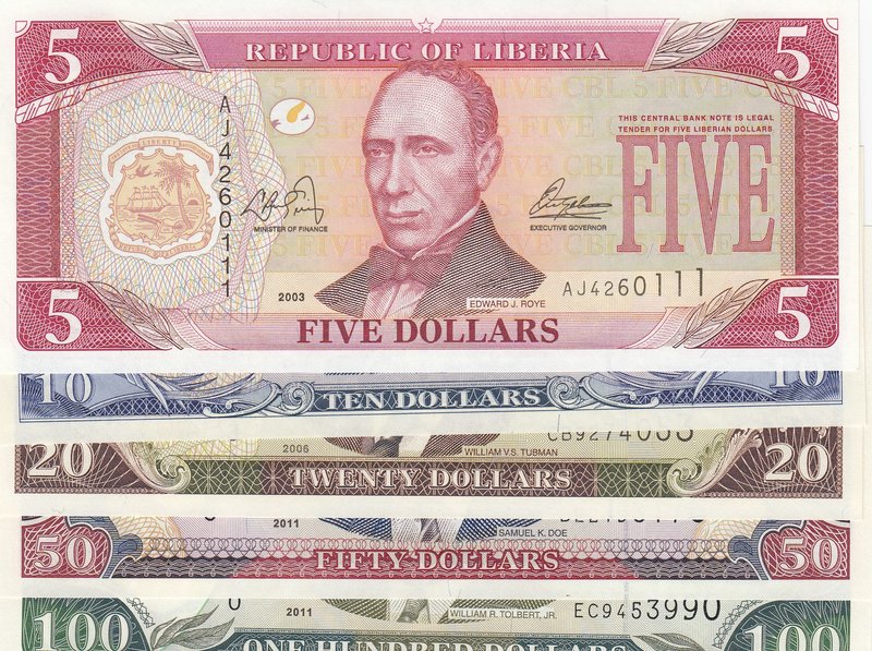 Liberia, 5 Dollars, 10 Dollars, 20 Dollars, 50 Dollars and 100 Dollars, 2003/201...