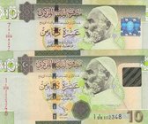 Libya, 10 Dinars (2), 2009/2012, AUNC / UNC, p73, p78, (Total 2 banknotes)
serial numbers: 827787 and 302348, The banknote for the year 2009 is in Un...