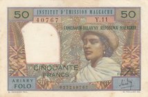 Madagascar, 50 Francs (10 Ariary), 1969, XF-AUNC, p61
serial number: Y11.40767 
Estimate: 20-40