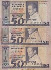 Madagascar, 50 Ariary Folo, 1974-75, VF, p62, (Total 3 banknotes)
serial numbers: A9/531284, A27 353324 and A59 578643
Estimate: 10.-20