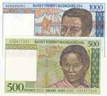 Madagascar, 500 Francs (100 Ariary) and 1.000 Francs (200 Ariary), 1994, UNC, p75, p76, (Total 2 banknotes)
serial numbers: A35477224 ve A68208301
E...
