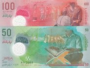 Maldives, 50 Rufiyaa and 100 Rufiyaa, 2015, UNC, p28, p29, (Total 2 banknotes)
Polymer, serial numbers: A112203 and A954105
Estimate: 40-80