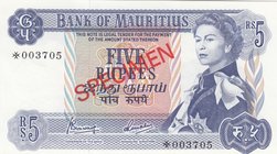 Mairitius, 5 Rupees, 1978, UNC, p30s, SPECIMEN
Queen Elizabeth II portrait, serial number: *003705
Estimate: 40-80