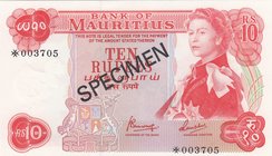 Mairitius, 10 Rupees, 1978, UNC, p31s, SPECIMEN
Queen Elizabeth II portrait, serial number: *003705
Estimate: 50-100