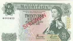 Mairitius, 25 Rupees, 1978, UNC, p32s, SPECIMEN
Queen Elizabeth II portrait, serial number: *003453
Estimate: 60-120