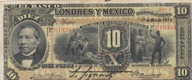 Mexico, 10 Pesos, 1913, VF, pS234u 
Banco De Londres Y Mexico, serial number: 619384
Estimate: 75-150