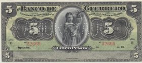 Mexico, 5 Pesos, 1906-1914, UNC, pS298, SPECIMEN 
Banco De Guerrero serial number: B 52669
Estimate: 250-500