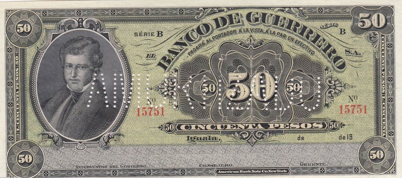 Mexico, 50 Pesos, 1906-1914, UNC, pS301, SPECIMEN 
Banco De Guerrero serial num...