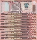 Mozambique, 50.000 Meticais, 1993, UNC, p138, (Total 10 consecutive banknotes)
serial numbers: EH 7835822- 31
Estimate: 15-30