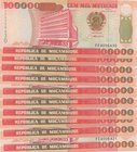 Mozambique, 100.000 Meticais, 1993, UNC, p139, (Total 10 consecutive banknotes)
serial numbers: FE 4006421- 30
Estimate: 25-50