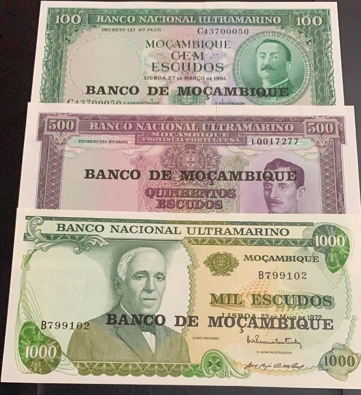 Mozambique, 100 Escudos, 500 Escudos and 1000 Escudos, 1961/1972, UNC, (Total 3 ...