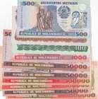 Mozambique, 50 Meticais, 100 Meticais, 500 meticais, 1000 Meticais, 50000 Meticais (3) and 100000 Meticais (3), 1983/1991, UNC, (Total 10 banknotes)
...