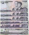 North Korea, 5 Won (3), 50 Won (2) and 500 Won, 2002/2007, UNC, p58, p60, (Total 6 banknot) 
Estimate: 10.-20