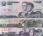 North Korea, 5 Won, 10 won and 50 Won, 2002, UNC, p58, p59, p60, SPECIMEN, (Total 3 banknotes)
Estimate: 10.-20
