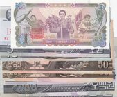 North Korea, 1 Won, 5 Won, 10 Won, 50 Won (3), 500 Won (2), 1978/2002, UNC, (Total 8 banknotes)
Estimate: 10.-20