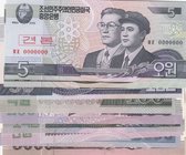 North Korea, 5 Won, 10 Won, 50 Won, 100 Won, 200 Won, 500 Won, 1.000 Won and 2.000 Won, 5.000 Won(2), 2002/2013, UNC, SPECIMEN, (Total 10 banknotes)
...