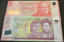 Paraguay, 2.000 Guaranies and 5.000 Guaranies, 20011, UNC, p223d, p228c, (Total 2 banknotes)
serial numbers: G 04493286, C 19537809, G 12967791, poly...