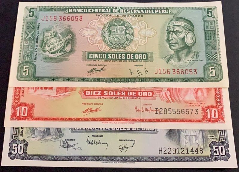 Peru, 5 De Oro, 10 De Oro and 50 De Oro, 1969/1977, UNC, (Total 3 banknotes)
Es...