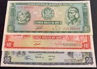 Peru, 5 De Oro, 10 De Oro and 50 De Oro, 1969/1977, UNC, (Total 3 banknotes)
Estimate: 10.-20