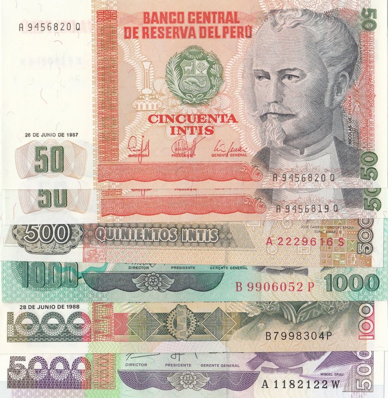 Peru, 50 İntis (2), 500 İntis, 1000 İntis (2) and 5000 İntis, 1981/1988, UNC, (T...