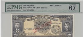 Philippines, 20 Pesos, 1949, UNC, p137s4, SPECİMEN, "High Condition"
PMG 67, serial number: DJ 750693
Estimate: 50-100