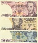 Poland, 100 Zlotych, 500 Zlotych and 1.000 Zlotych, 1982/1988, UNC, p143, p145, p146, (Total 3 banknotes)
serial numbers: SY 5119042, FT 7137179 and ...