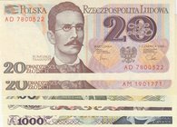 Poland, 20 Zlotych (2), 50 Zlotych, 100 Zlotych and 1000 Zlotych, 1982/1988, UNC, (Total 5 banknotes)
Estimate: 10.-20