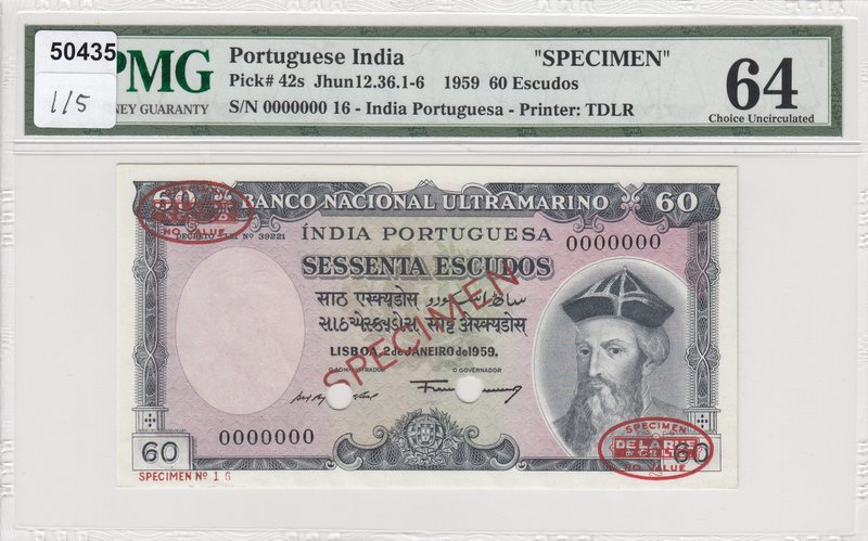 Portuguese India, 60 Escudos, 1959, UNC, p42s, SPECIMEN
PMG 64, serial number: ...