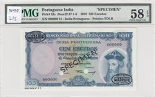 Portuguese India, 100 Escudos, 1959, AUNC, p43s, SPECIMEN
PMG 58 EPQ, serial number: 00000000
Estimate: 250-500