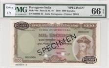Portuguese India, 1000 Escudos, 1959, UNC, p46s, SPECIMEN
PMG 66 EPQ, serial number: 00000000
Estimate: 1000-2000