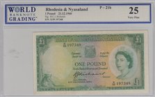 Rhodesia and Nyasaland, 1 Pound, 1960, VF, p21b
WBG 25, Queen Elizabeth II portrait, serial number: X/59 197348
Estimate: 150-300