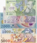 Romania, 1 Leu, 5 Lei, 1.000 Lei, 2.000 Lei and 5.000 Lei, 1998/2005, UNC, (Total 5 banknotes)
3 of them are polymer.
Estimate: 15-30