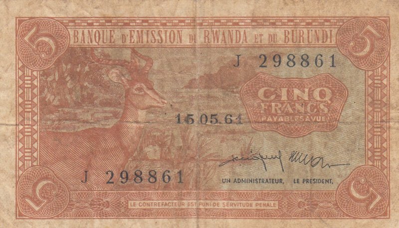 Rwanda-Burundi, 5 Francs, 1964, VF, p1
serial number: J 298861
Estimate: 75-15...