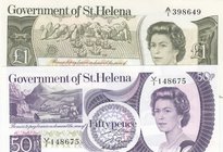Saint Helena, 50 Pence and 1 Pound, 1979/1981, UNC, p5, p9, (Total 2 banknotes)
Queen Elizabeth II portrait, serial number: V/1 148675 and A/1 398649...