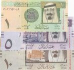 Saudi Arabia, 1 Riyal, 5 Riyals and 10 Riyals, 2012, UNC, p31, p32, p33, (Total 3 banknotes)
serial number: 1603/652049, 434/992031 and 488/206270
E...