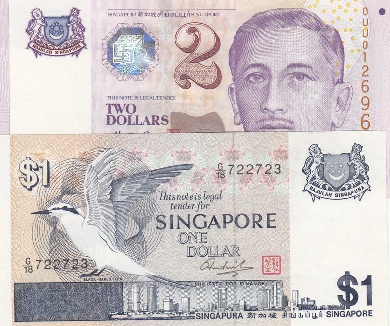 Singapore, 1 Dollar and 2 Dollars, 1976/1999, UNC, p9, p38, (Total 2 banknotes)...