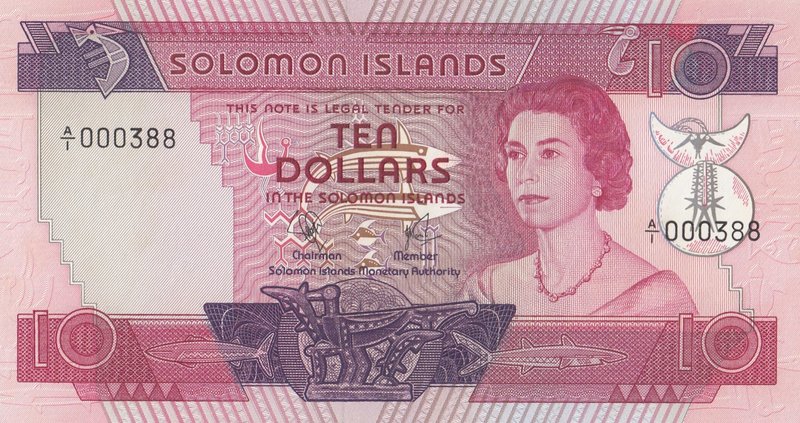 Solomon Islands, 10 Dollars, 1977, UNC, p7a, "Low serial number"
Queen Elizabet...