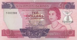 Solomon Islands, 10 Dollars, 1977, UNC, p7a, "Low serial number"
Queen Elizabeth II portrait, serial number:A/1 000388
Estimate: 50-100