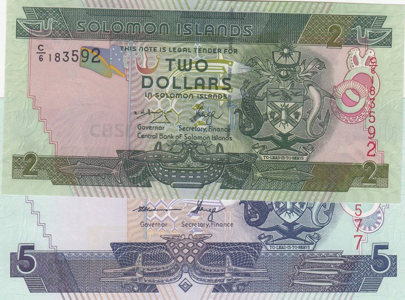 Solomon Islands, 2 Dollars and 5 Dollars, 2004/2006, UNC, p25, p26, (Total 2 ban...