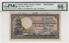 South Africa Republic, 1 Pound, 1938-44, UNC, p84e, SPECIMEN
PMG 66 EPQ, serial number: A/127 100000
Estimate: 300-600