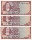 South Africa Republic, 1 Rand, 1973-75, AUNC/UNC, p116, (Total 3 consecutive banknotes)
serial numbers: A/549 469511-13, One of the banknotes is Aunc...